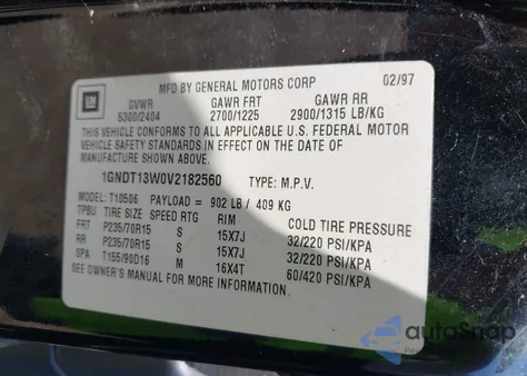 1997 Chevrolet Blazer Lt from USA, damaged, VIN 1GNDT13W0V2182560